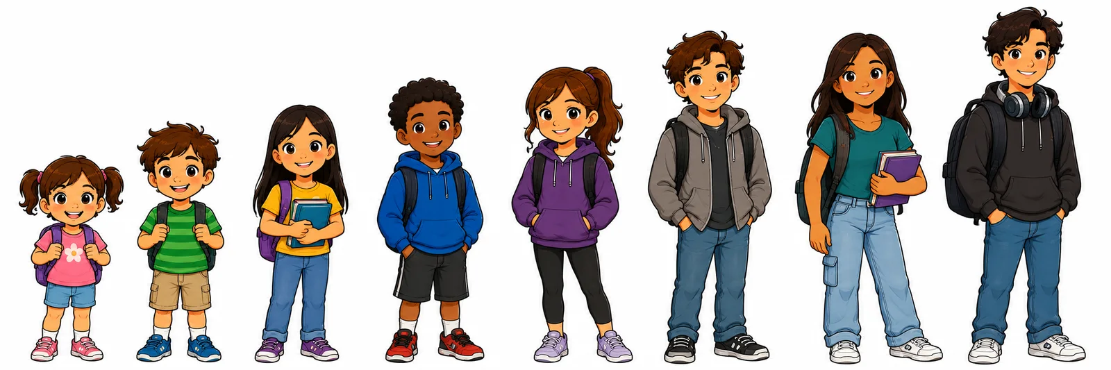 Nine children drawn in the same style, from a small child of about four on the left up to a teenager on the right, each one taller than the last