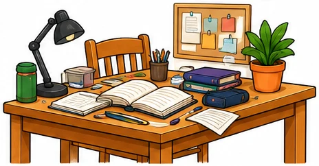 A crowded desk with a lamp, notice board, plant, papers and clutter