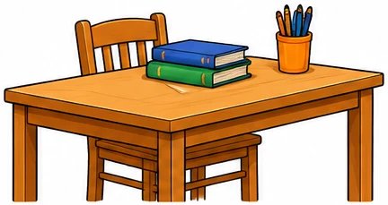 A plain desk with a few books and a pot of pencils