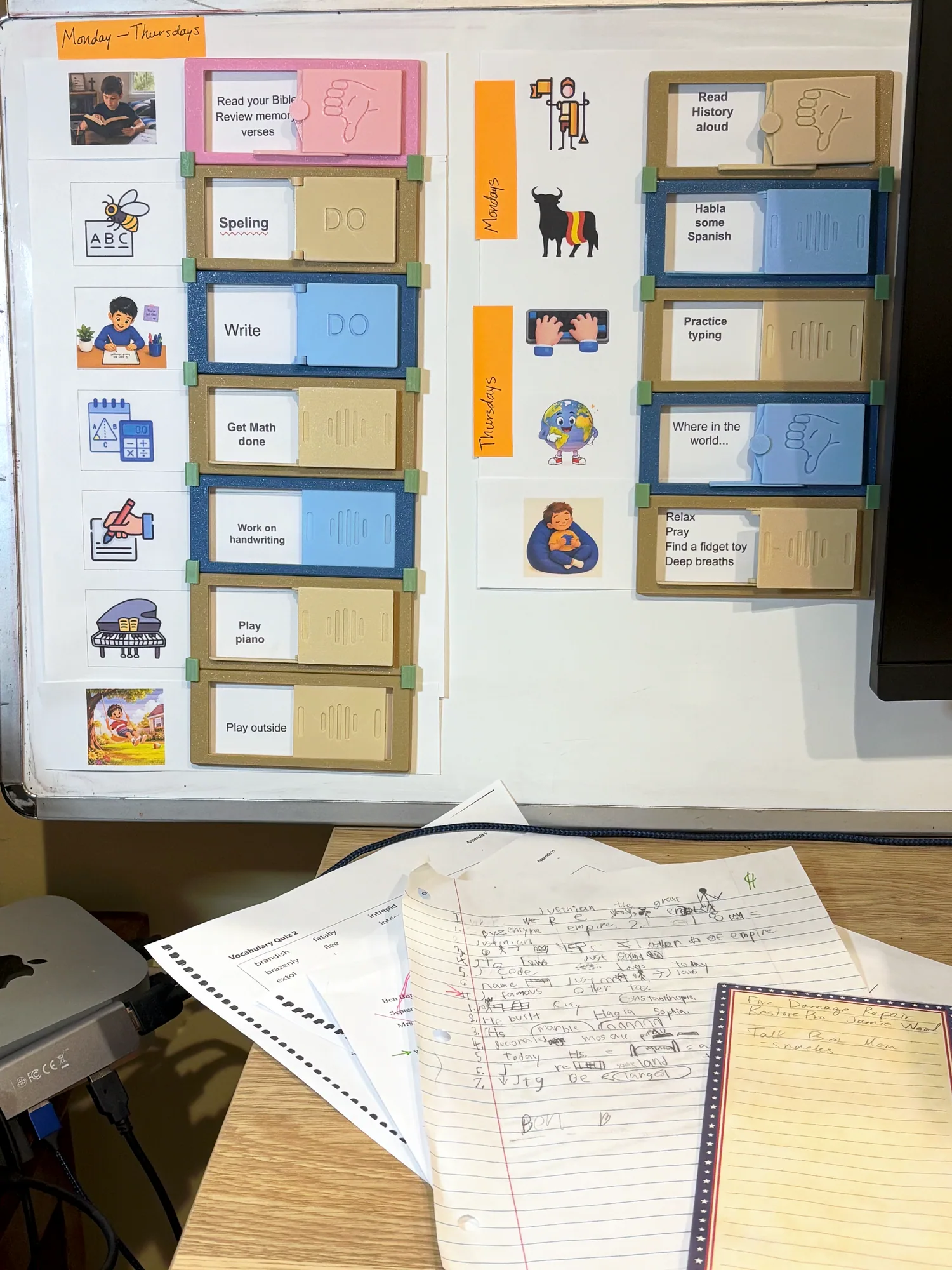 A homeschool week laid out in DoDones on a whiteboard