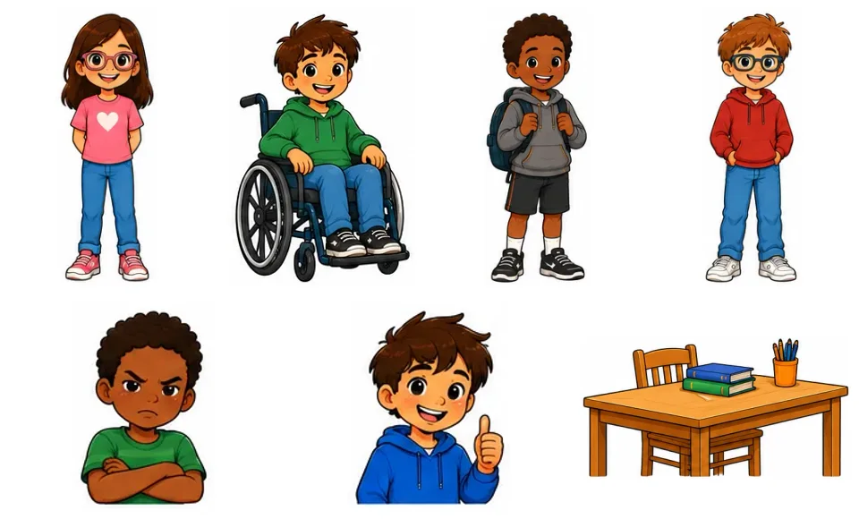 Characters from the style guide: children of varied appearances, a reluctant face, a pleased face, and a simply drawn desk