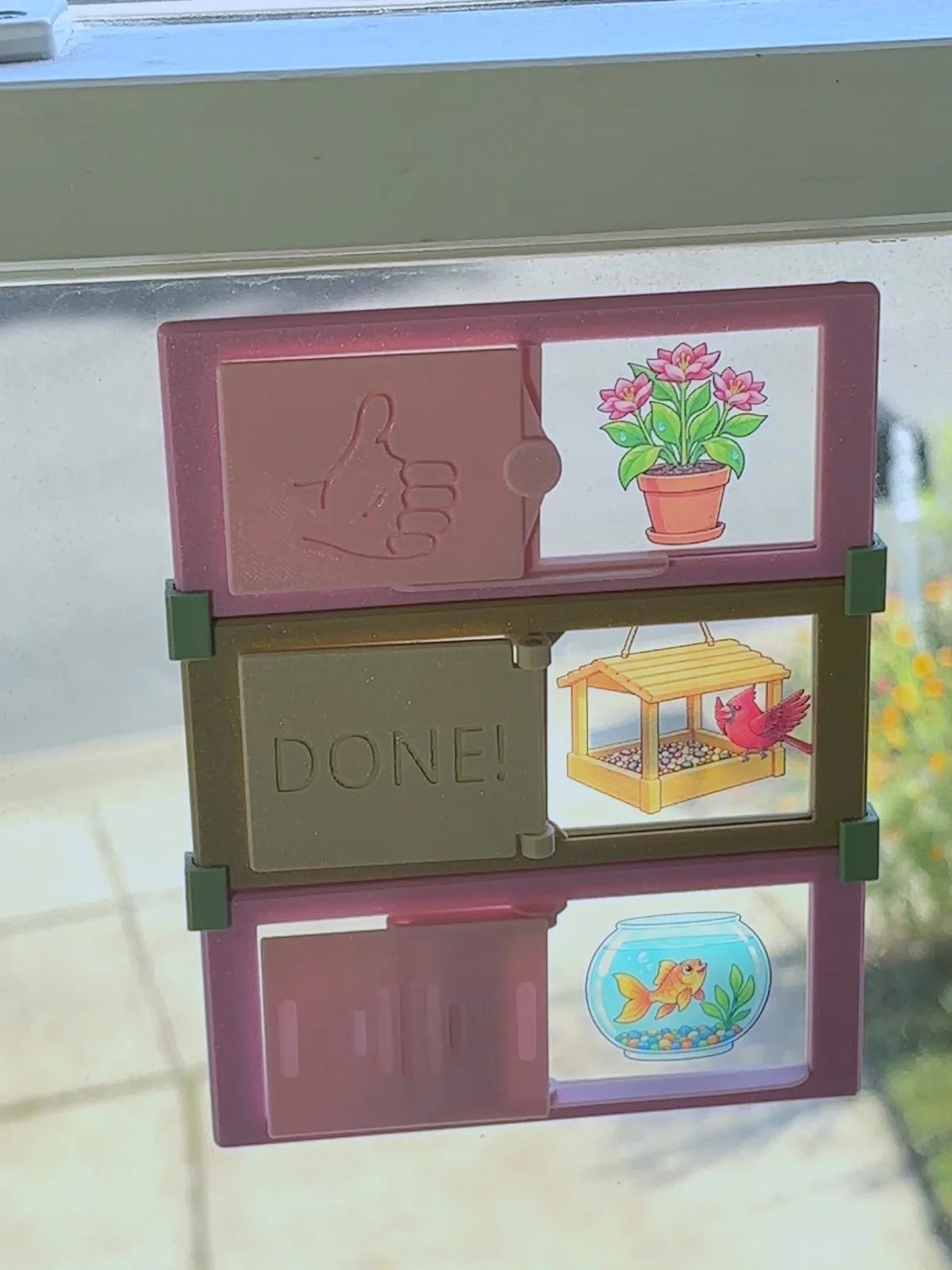 Three DoDones on a sunlit window, printed on transparency film, showing a flowering plant and a cardinal at a bird feeder