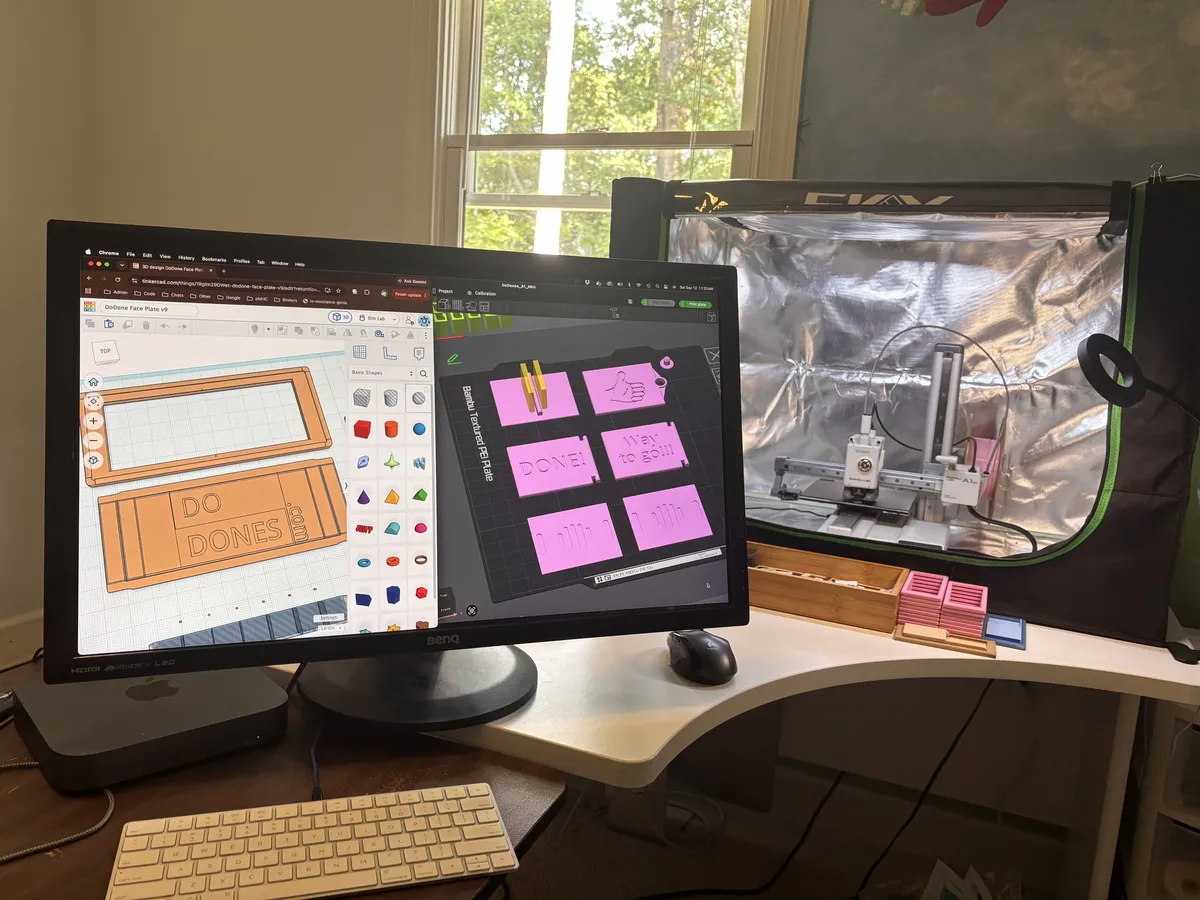 A DoDone drawn in TinkerCAD on a monitor, with the 3D printer behind it